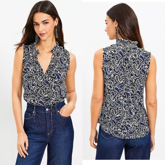 Loft Paisley Smocked Tie Neck Mixed Media Shell size M - Picture 1 of 12